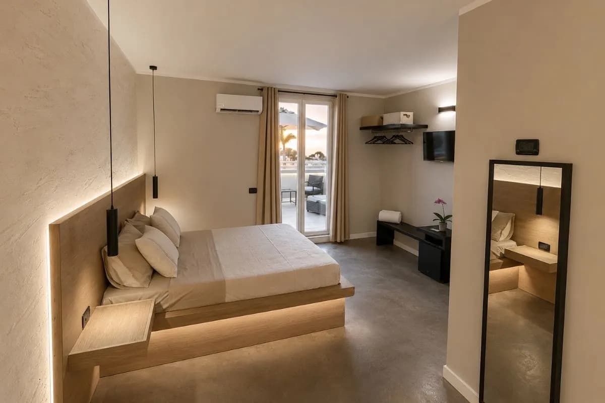 La camera vista dall'ingresso, con la portafinestra che dà sul terrazzo